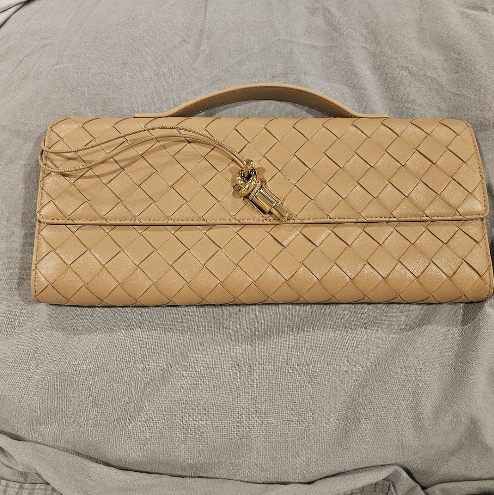 Bottega Veneta Pale Brown Woven Wristlet Clutch